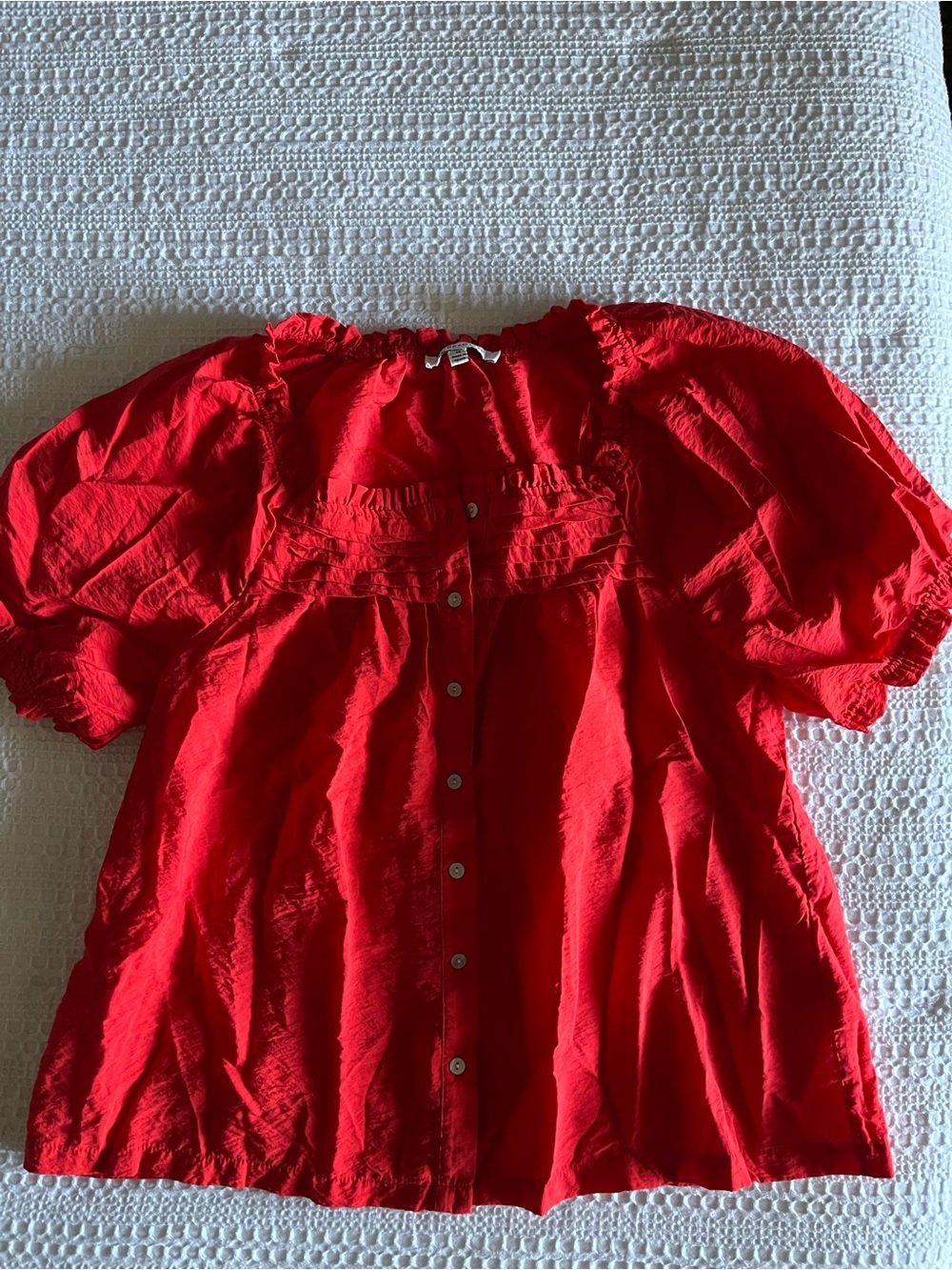 Red Puff-Sleeve Womens Button-Front Top